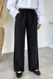 Resim Bel Lastikli Tensel Kumaş Tesettür Pantolon Siyah TZL-P-00021265 