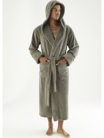 Resim Uzun Kapüşonlu Triga Bambu Cotton Bayan Bornoz Haki 