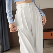 Resim Kadınların Şık Düz Renkli Pantolonları - Nefes Alabilir ve Rahat Polyester, Esnek Bel ile Şık İşe Giderken, Günlük Giyim Pantolonları|Bareleg Pantolonları|Pürüzsüz Dokulu Pantolon 