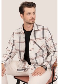 Resim Kemik Beyaz Çizgili Oversize Oduncu Erkek Gömlek + Kutulu Beyaz 