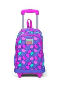 Resim Coral High Kids Lavanta Pembe Kalp Desenli Işıklı Tekerlekli Üç Bölmeli Çekçekli Sırt Çantası 23359 
