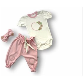 Resim 3-6 6-9 9-12 Ay Çiçekli Baharın Kalbi Nakışlı Bandanalı Kısa Kollu Zıbınlı 3lü Kız Bebek Takımı Ekru Ekru 
