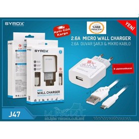Resim (Yeni Tip) Syrox J47 Micro Usb Girişli 2.6 Amper Hızlı Şarj Aleti (418321417) 