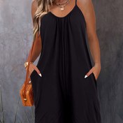 Resim Kadınların Kolsuz Cepli Tulumu - Günlük Düz Renkli Tulum, Sırtı Açık Tasarım, Plaj Tatilleri ve Günlük Giyim için Mükemmel, Şık Cepli Tasarım | Polyester Spandex Karışımı 