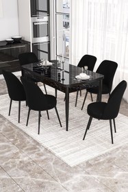 Resim Canisa Via Serisi 80x132 Açılabilir Mutfak Masası Takımı Siyah Mermer Desen Masa 6 Siyah Sandalye 