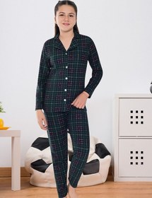 Resim 6589 Kız Çocuk Süet Kışlık Boydan Düğmeli Ekoseli Kalın Pijama Takımı Yeşil 