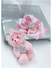 Resim QUEEN AKSESUAR Anneler Günü Lüks Çantalı Hediye Seti Peluş Ayıcık Anahtarlık Love Taşlı Kalp Fiyonk Toka Pembe 