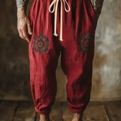 Resim Erkekler için Yazlık Rahat Pantolonlar Elastik Bel ve İpli - Canlı Çiçek Nakışı, Nefes Alabilen Bol Kesim, Retro Kırmızı Tasarım Günlük Kıyafet İçin, Konforlu Giysi | Çiçekli Nakışlı Pantolonlar | Esnemez Kumaş 