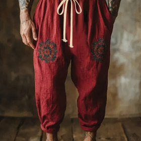 Resim Erkekler için Yazlık Rahat Pantolonlar Elastik Bel ve İpli - Canlı Çiçek Nakışı, Nefes Alabilen Bol Kesim, Retro Kırmızı Tasarım Günlük Kıyafet İçin, Konforlu Giysi | Çiçekli Nakışlı Pantolonlar | Esnemez Kumaş 