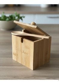 Resim Bambu,kapaklı Kaşıklı 12x12 Çok Amaçlı Baharat Ve Tuzluk Kutusu Kitchen Yazılı Açık Kahverengi 