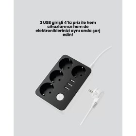 Resim 3 USB Çıkışlı 4’lü Akıllı Priz 2500W 2 Metre Kablo Midastech 
