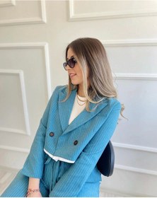 Resim Kadın Çizgili Eteği Mavi Garnili Ceket Mavi 