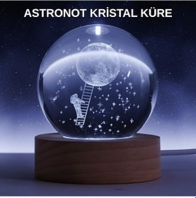 Resim Lazer İşlemeli 3d Astronot Kristal Küre Led Işıklı Uzay Temalı Gece Lambası 