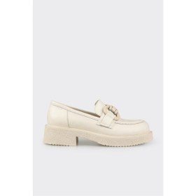 Resim Elle Bej Deri Kadın Loafer 