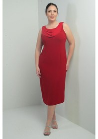 Resim By Saygı Degaje Yaka Taş Detaylı Astarlı Büyük Beden Krep Midi Elbise-40298 Kırmızı 