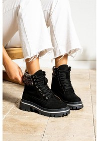 Resim Shoetek Sophie Kadın Bot&bootie Ekoseli Triko Postal Siyah Süet Siyah Suet 