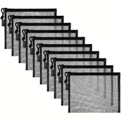 Resim Seyahat için 10 adet siyah mesh kozmetik çantası, makyaj ve kalem saklaması için uygun fermuarlı poşetler, 9.5 x 18.03 cm ölçülerinde. 