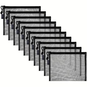 Resim Seyahat için 10 adet siyah mesh kozmetik çantası, makyaj ve kalem saklaması için uygun fermuarlı poşetler, 9.5 x 18.03 cm ölçülerinde. 