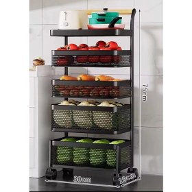 Resim 5 Katlı Metal Siyah Yana Açılır Sebze Meyve Sepeti Patates Soğan Sepeti Sebzelik Tekerlekli 1095-CN 