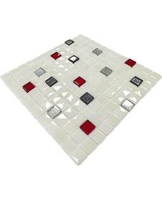 Resim MozaiKristaL Tüm Yüzeyler Için 25X25MM. Beyaz-Siyah Simli-Gümüş Simli-Kırmızı Simli, 31,5X31,5CM. Fileli Cam Mozaik ve Kristal Mozaik Mix. 