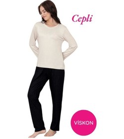 Resim Guava Kadın Bisiklet Yaka Düğmesiz Viskon Mevsimlik Uzun Kol Cepli Pijama Takımı Siyah 