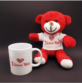 Resim I Love You Baskılı Kupa Ve Kırmızı Ayıcık Seti 