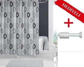 Resim Polyester Kumaş Geometrik Desen Gri Banyo Perdesi Askı Aparatı Hediyeli C-halkalı Duş Perdesi Tropik Home