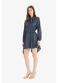 Resim DeFacto Asimetrik Çizgili Yüksek Bel Saten Mini Etek E7265AX25SPNV235 Lacivert 