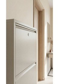 Resim Kilitli Üçlü Metal Ayakkabılık Bej Yedek Anahtarlı Bej 