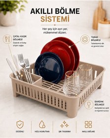 Resim Bulaşıklık Tezgah Üstü Tabak Bardak Kurutmalık Plastik Bulaşık Sepeti 33x41 Cm Bej S-10567 
