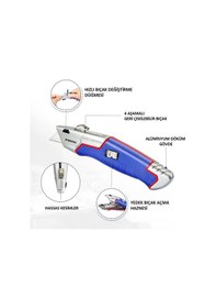Resim Workpro Wp213012 Ağır Hizmet Alüminyum Gövde Geri Çekilebilir Rötuş Maket Bıçağı + 4 Adet Yedek Bıça 