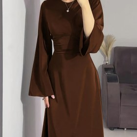 Resim 1 adet Kadınlar için Şık A-Şerit Polyester Elbise, Yuvarlak Yaka Katı Renk Uzun, Solunabilir 180g/m² Kumaş, İlkbahar/Sonbahar Mevsimi için 