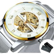Resim Hanyang Kutu Altın-Beyaz Kazanan Siyah Otomatik Mekanik Saat Erkekler Için Moda Elmas Kadran Aydınlık Örgü Paslanmaz Çelik Kayış Reloj Hombre (Yurt Dışından) 