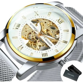 Resim Hanyang Kutu Altın-Beyaz Kazanan Siyah Otomatik Mekanik Saat Erkekler Için Moda Elmas Kadran Aydınlık Örgü Paslanmaz Çelik Kayış Reloj Hombre (Yurt Dışından) 