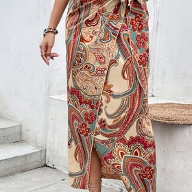 Resim Şık Yüksek Bel Çiçek Desenli Etek ve Fiyonk Detayı - Hafif Polyester, Makinede Yıkanabilir - İlkbahar/Yaz/Sonbahar için İdeal - Paisley & Çiçek Desenli Vintage Tarzı 