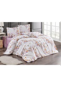Resim Çift Kişilik Nevresim Takımı 200x220cm 4 Yastık Kılıfı Lastikli Çarşaflı 180x200+25 Beyaz - Mor 