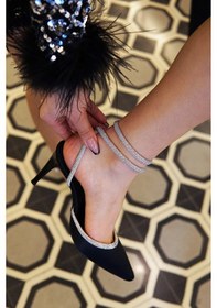 Resim Simon Taşlı Bilekten Bağlamalı Kadın Topuklu Ayakkabı Sıyah Saten 