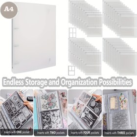 Resim 10 Sayfa Ağaç Cebi İçerikli Bağlayıcı Cep Ekleme, A4 Boyutu 4 Delikli Bağlayıcı Klasörler Kalıp ve Damga Depolama için, Su Geçirmez PVC Şeffaf Çanta Koruyucu Kesim Kalıbı Albümü Damga El Sanatları Depolama için, PP Malzeme 
