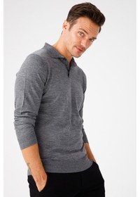 Resim Desen Triko Erkek Basic Polo Yaka İnce Triko Kazak 02421601 Füme 