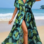 Resim Her Yerde Baskılı Batwing Kollu Bağcıklı Bel Maksimum Uzunluklu Kimono - Tatil ve Günlük Kullanım 