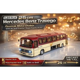 Resim Aksoy Toys 1:24 Ölçek Mercedes-Benz Travego Oyuncak Otobüs Işıklı ve Sesli 25 cm Metal Otobüs Kırmızı 