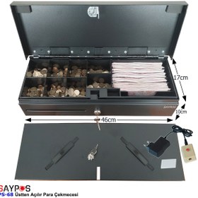 Resim SAYPOS Kolay Açma Butonlu Flip Top Para Çekmecesi Anahtarlı Üstü Açılır Metal Para Kasası 46x17x10cm 