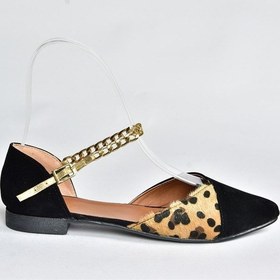 Resim Fox Shoes Siyah/leopar Süet Zincir Detaylı Kadın Babet P726054502 Siyah Kahverengi 