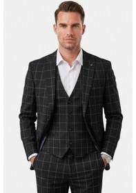 Resim Deepsea Erkek Siyah Slim Fit 3 Lü Takım Elbise Yelekli Ekose Desenli Çift Düğme Takım Elbise 2600501 