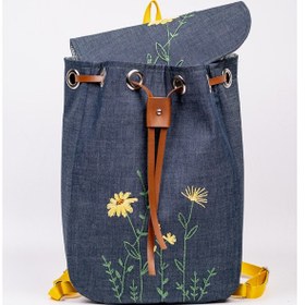 Resim Fabric Craft Bag Sırt Çantası Kot Kumaş Çiçek Nakışlı Büzgülü Kot 