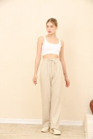 Resim Lin Collection Kadın Naturel Bej Keten Pantolon Beli Lastikli Cepli 
