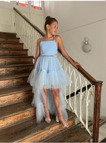 Resim Butikhappykids Kız Çocuk Askılı Mavi Zincir Detaylı Kat Etekli Kuyruklu Abiye Elbise 10-15 Yaş Mavi 