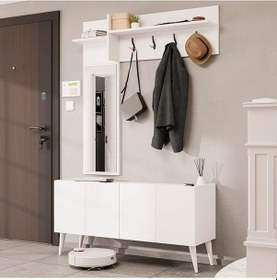 Resim 5064 Theo 4 Kapaklı 6 Raflı 4 Askılı Sol Aynalı Portmanto Beyaz 