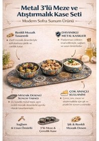 Resim Metal 3 Lü Meze Ve Atıştırmalık Kase Seti,renkli Mozaik Desenli Sunum Tabağı İle, Dayanıklı Çerezlik Sosluk Seti, Modern Sofra Sunum Ürünü 