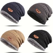 Resim 1 Adet Erkek Polar Astarlı Pom-Pom ve Suni Deri Yama ile Beanie Şapka - Dış Mekan Bisiklet Sürüşü için Kalınlaştırılmış Kulak Koruma Örgü Kap, Sonbahar Kış Sıcaklığı, %100 Polyester, Günlük Tarz, İnce Kişiler İçin İdeal Hediye 